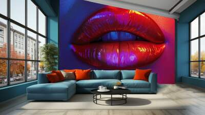 Vibrant close-up of glossy lips illuminated by colorful neon lights, showcasing beauty and allure in striking detail. Wall mural