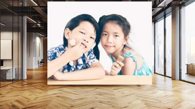 Vintage style photo of asian kids are eating ice cream Wall mural