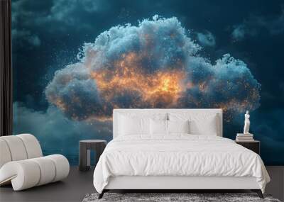 A mesmerizing cloud emits bright, fiery sparks above a serene ocean. The dark sky adds drama and allure, creating a tranquil yet dynamic atmosphere of wonder and beauty. Wall mural