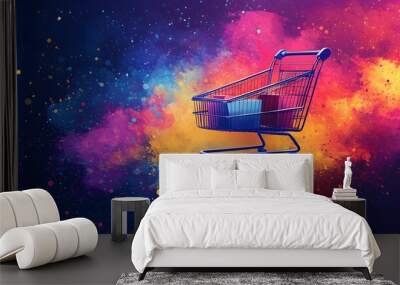 A shopping cart filled with vibrant boxes, set against an abstract, colorful backdrop filled with splashes, brush strokes, and dots, creating a lively shopping atmosphere. Wall mural