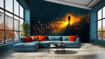 A Solitary Figure Walking Down a Gloomy Path Illuminated by A Warm Glowing Light in the Distance. 2D Cartoon Concept Wall mural