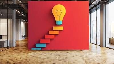 A yellow light bulb sits atop colorful steps, illustrating growth and inspiration. The background radiates a soft gradient from red to orange, enhancing a sense of optimism and creativity. Wall mural