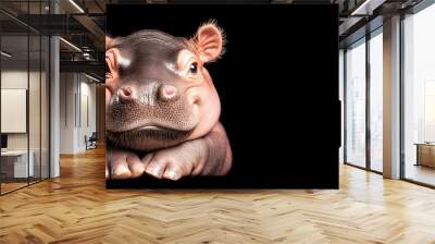 A young hippopotamus resting with a calm expression, set against a dark background, evoking cuteness and serenity.. Moodeng Concept Wall mural