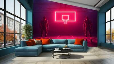 Amid a glowing neon backdrop, two players face a luminous basketball hoop, embodying focused determination. Sport Vibes Concept Wall mural