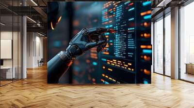 Futuristic Robot Engaged in Complex Trading Algorithms Through Textual Data Visualization. Robot Algorithm Trading Concept Wall mural