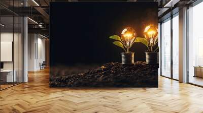 In a dark setting, two glowing light bulbs sprout from soil, framed by leaves in metallic pots, symbolizing innovative ideas blossoming, evoking a futuristic atmosphere. Creativity, Inspiration Concep Wall mural