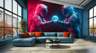 Two astronauts in space suits share a playful moment exchanging a glowing holographic sphere amidst vibrant cosmic colors, evoking joy and wonder. Festive Space Wall mural