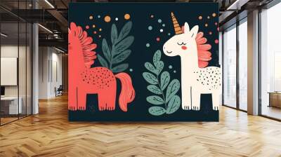 Two unicorns, one red and one white, surrounded by lush leaves, conveying joy in a vibrant, playful atmosphere. Wall mural