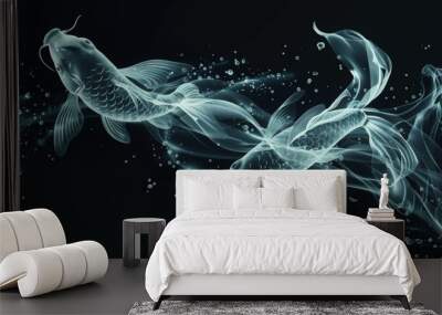  made of water, more waves and splashes and ripples of rad water in the background, faint glow, all-black background, ghostly, levitation silhouette, x-ray effect Wall mural