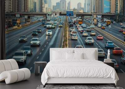 a busy highway with many cars and trucks Wall mural