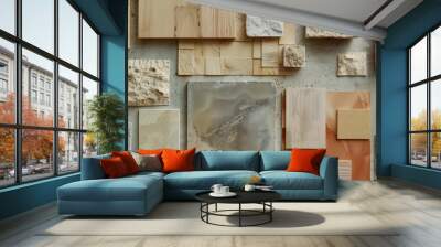 a material moodboard with square swatches, pine wood, light pine wood samples,  pine wood, textured concrete, limestone rock, beige sandstone, textured plaster, minimalist style Wall mural