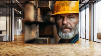 a worker in helmet, A close-up of a determined worker, helmet on, with a look of focus and resolve in their eyes, set against the backdrop of a bustling construction site. Wall mural