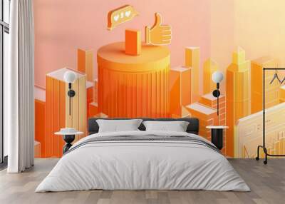 An orange flat vector cartoon illustration of the top of an office building with two thumbs up above it, next to which are depicted some graphs and tables. The background color should be light peach.  Wall mural