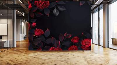 Black background with more red roses at the bottom of the frame. Wall mural