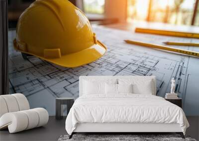 Blueprint floor plan architectural project on the table with yellow helmet and pencil Wall mural