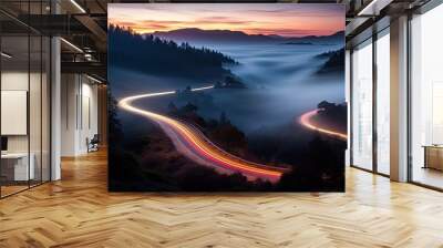 Car headlights and traffic lights on a winding road Wall mural