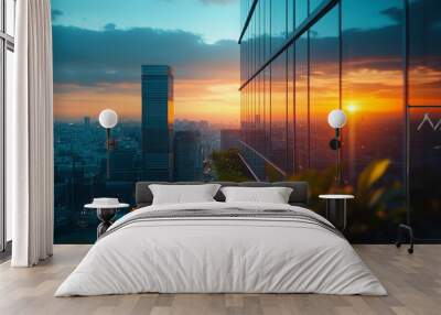 city view dawn sunset dark blue high tech office building trees and green vegetation Wall mural