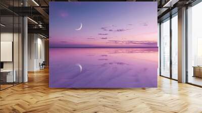 colorful from purple to soft green and clean horizon with few clouds and far with a crescent moon Wall mural