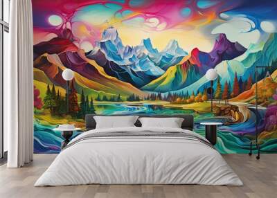 Conjure an abstract mountainous landscape, a fusion born from the minds of various visionary artists. Picture the undulating peaks and valleys inspired by the surrealist touches of Salvador DalÃ­, whe Wall mural