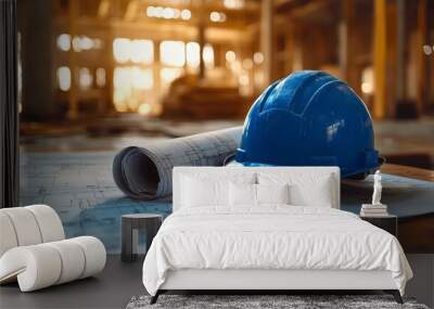 create an image of flat blueprints and rolled blueprints on a table with a blue hard hat laying on top Wall mural