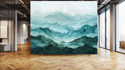 diffuse gradients,Chinese landscape,mountain,wet ink,green and blue,minimalist,chinese brush painting Wall mural