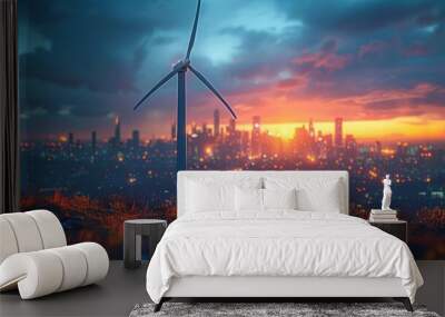 electric wind turbine close up in front of blurred downtown city on horizon, renewable energy for city concept Wall mural