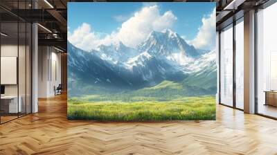 Expansive grassy hill leading to majestic mountains, lush greenery meets rugged peaks, serene landscape inviting exploration Wall mural