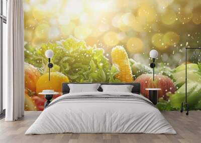 fresh vegetables and fruits with water droplets on each one of them, composed asthetically Wall mural