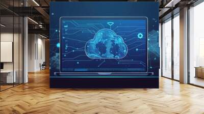 Futuristic Cloud Computing and Network Interface on Laptop Screen. A modern laptop displaying a dynamic cloud computing interface with intricate network connections and cogwheels Wall mural