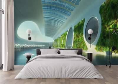 Futuristic eco-friendly airport terminal, solar-powered systems, lush green walls, innovative design, sustainable architecture, modern travel experience Wall mural