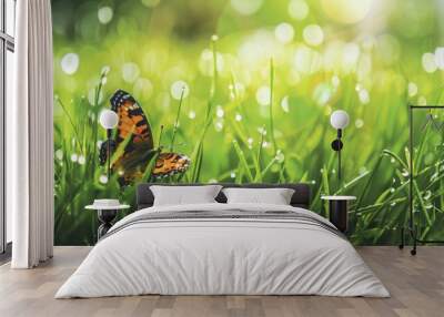 green grass close-up and a beautiful butterfly sitting on a grass Wall mural