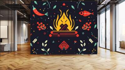 illustrated geometric pattern of a campfire with chilis and fish Wall mural