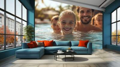 Joyful family splashing in a vibrant swimming pool, surrounded by a softly blurred poolside atmosphere, capturing moments of laughter and play. Wall mural