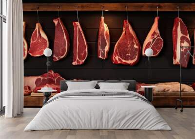 meat cuts selection displayed in wooden ray at a butcher Wall mural