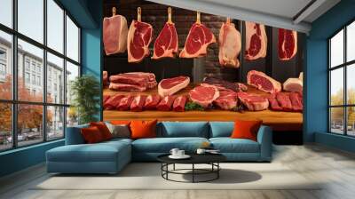 meat cuts selection displayed in wooden ray at a butcher Wall mural