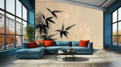 Minimalist painting of bamboo leaves on white paper, with a gold border and a thin wooden frame. Wall mural