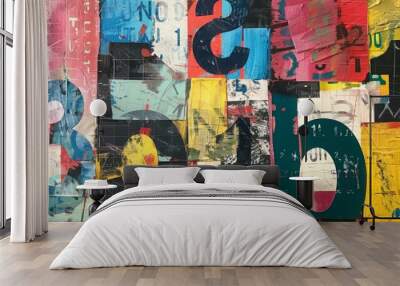 mixed media paper collage with large random numbers Wall mural