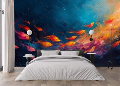 oil painting of fishes in the sea abstract with visible bush strokes Wall mural