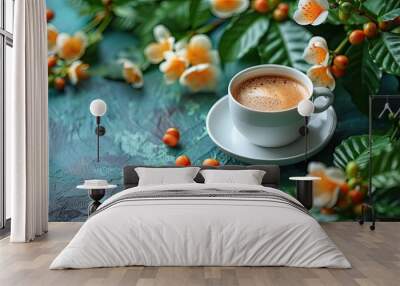 one-layer flat design, the design should be bright and professional, conveying an organic and high-end brand image. Include abstract coffee-related imagery and the brand logo with a concise descriptio Wall mural