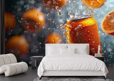 Orange plain soft-drink can 330ml Floating, tilted up slightly, facing camera, crispy fresh oranges in the air scattered too, all hovering in an abstract vibrant space, thee of Juicy orange colour Wall mural