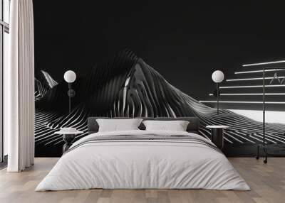 Sharp, angular lines forming a mountain landscape, executed in a minimalist black and white scheme, fluorescent colors  Wall mural