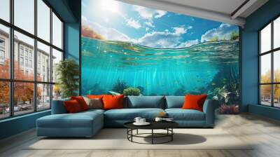 Split underwater view with sunny sky and serene sea Wall mural