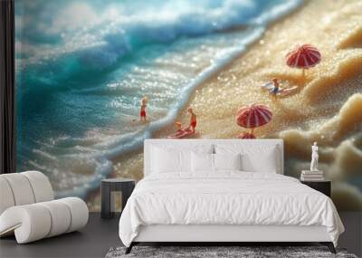 Sugar Shore Bliss, small beachgoers relaxing on a sandy shore crafted from sugar granules, playful scenes of joy and sweetness. Wall mural