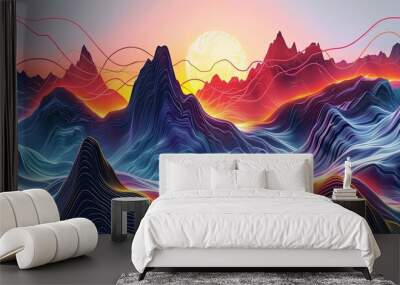 Surrealism illustration, minimalism, line art, light art, Aurora colouring, mountains, Chinese architecture Wall mural