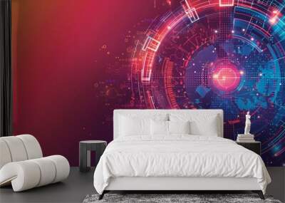 technology mostly red space with colourful graphics around the edge, blue and purple hues Wall mural