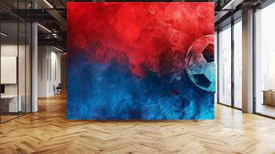 The background is completely mix Blue and Red with no texture and the Football is in the right hand side Wall mural