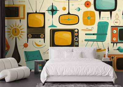 The generated image showcases a collection of stylized illustrations that are infused with a 1950s retro design aesthetic. The scene includes iconic mid-century modern furniture, such as chairs with o Wall mural