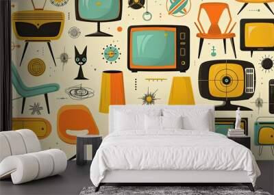 The generated image showcases a collection of stylized illustrations that are infused with a 1950s retro design aesthetic. The scene includes iconic mid-century modern furniture, such as chairs with o Wall mural