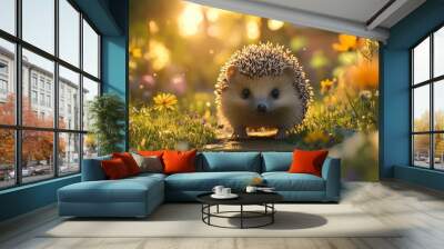 Twilight Hedgehog Adventure, a hedgehog exploring a cozy urban backyard, soft shadows and vibrant colors create a whimsical evening scene Wall mural