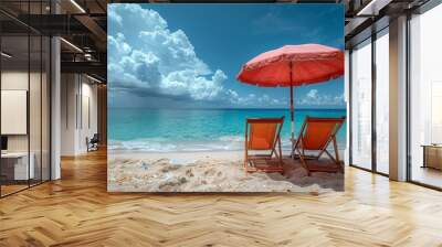 two deck chairs under a pink umbrella on a beach against a bright blue sky Wall mural